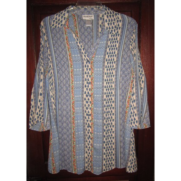 North Style Plus 1X Tunic Top Blouse Button Shirt Crinkled Patchwork Print Flare - Picture 1 of 3